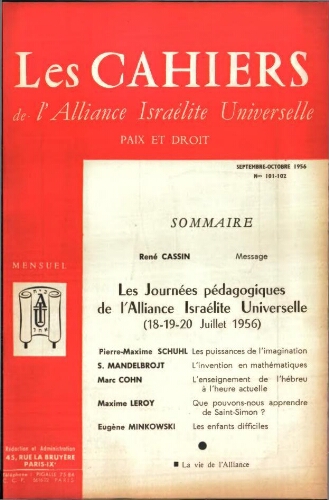 Les Cahiers de l'Alliance Israélite Universelle (Paix et Droit).  N°101-102 (01 sept. 1956)